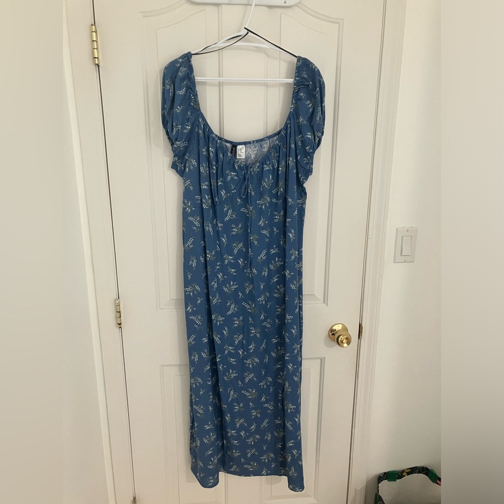 H&M Blue Floral Dress with Puff Sleeves